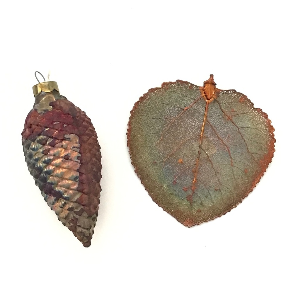 Set of 2 Ornaments Iridescent Pine Cone Ornament Vintage Maple Leaf Ornament